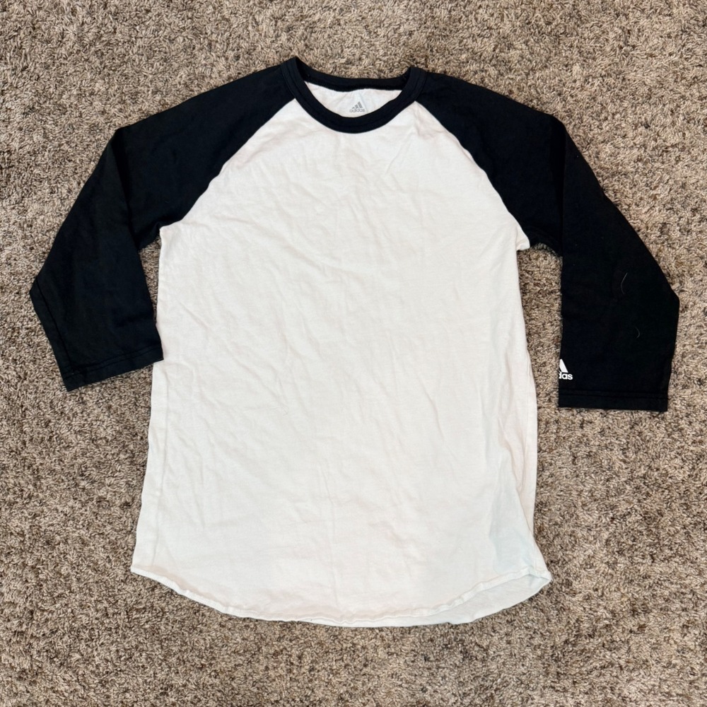 Adidas Kids Raglan Baseball Tee White Black 3/4 Sleeve Shirt Large